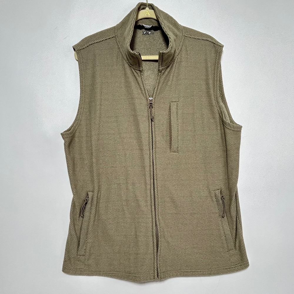 Mountain Khakis Full Zip Vest Tan waffle-knit or honeycomb texture mock neck L